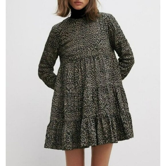 2/$30 Zara Grey Leopard Animal Print Ruffle Trim Mini Dress Size XS - Picture 6 of 11